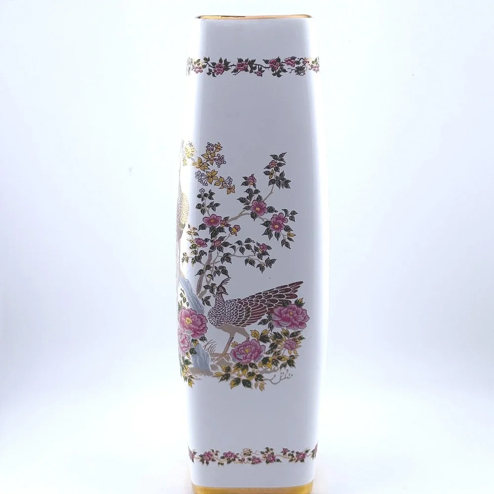Special Greece 24K Gold Trim Peacock Porcelain Vase Vintage Handmade Square